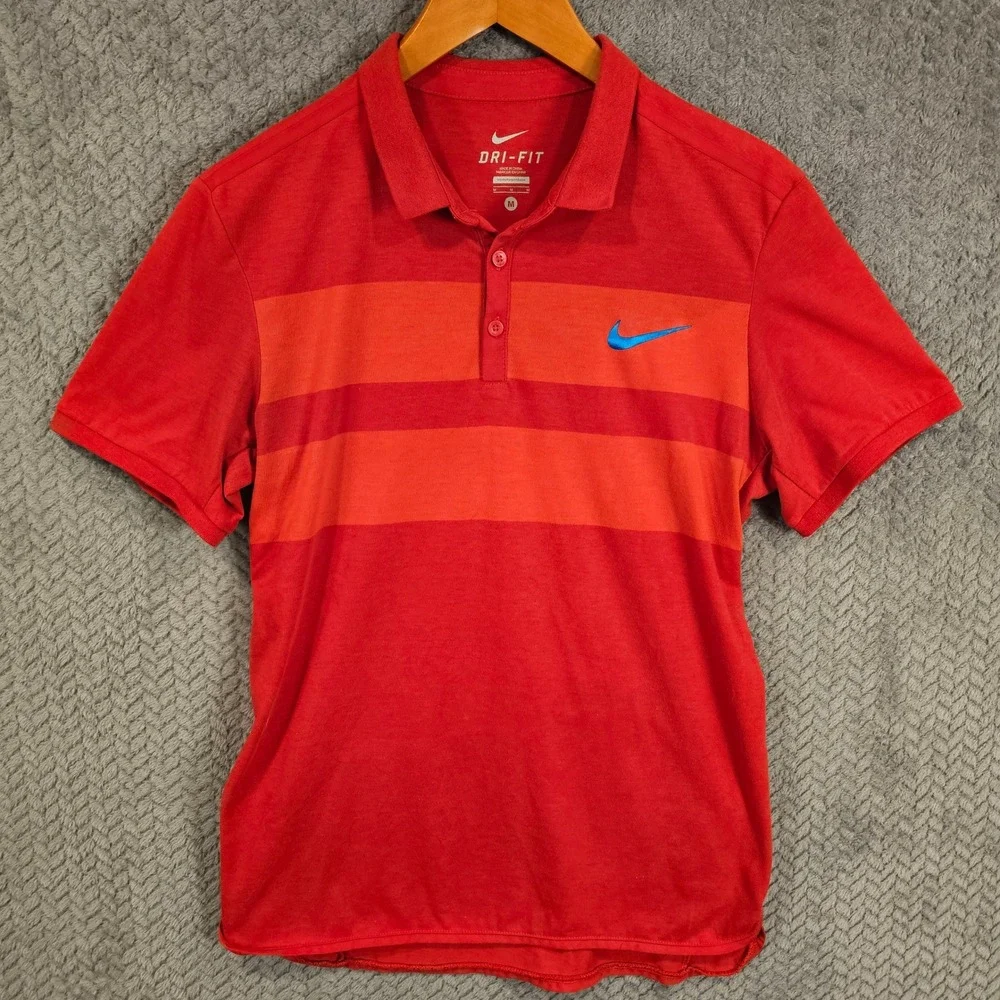 Nike Dri-FIT Men Red‎ Orange Striped Golf Polo Shirt Short Sleeve Size M